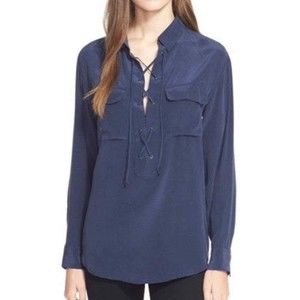 Equipment Silk Navy Blue Knox Lace Up tie Blouse Size Medium